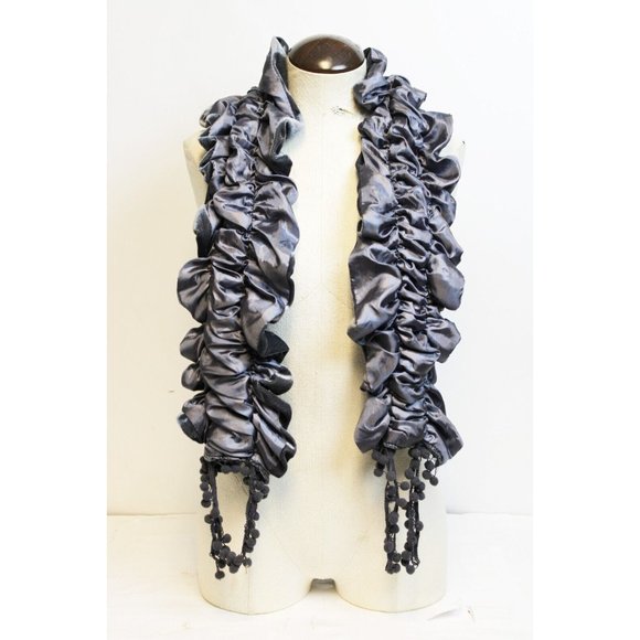 Grey Velvet Knit Reversible Scarf Ruffled Satin Stretch Fringe Goth Victorian - Picture 2 of 7